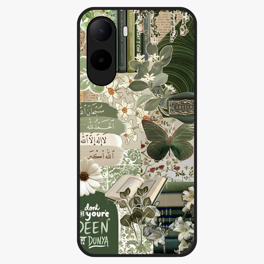 Green Islamic Books Quotes Glass Case showing flat back view with Islamic quotes and book themed artwork and glossy glass finish.