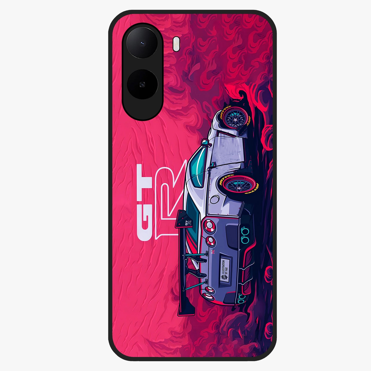 GT-R Car Pattern Glass Case showing flat back view with sporty car inspired pattern artwork and glossy glass finish.