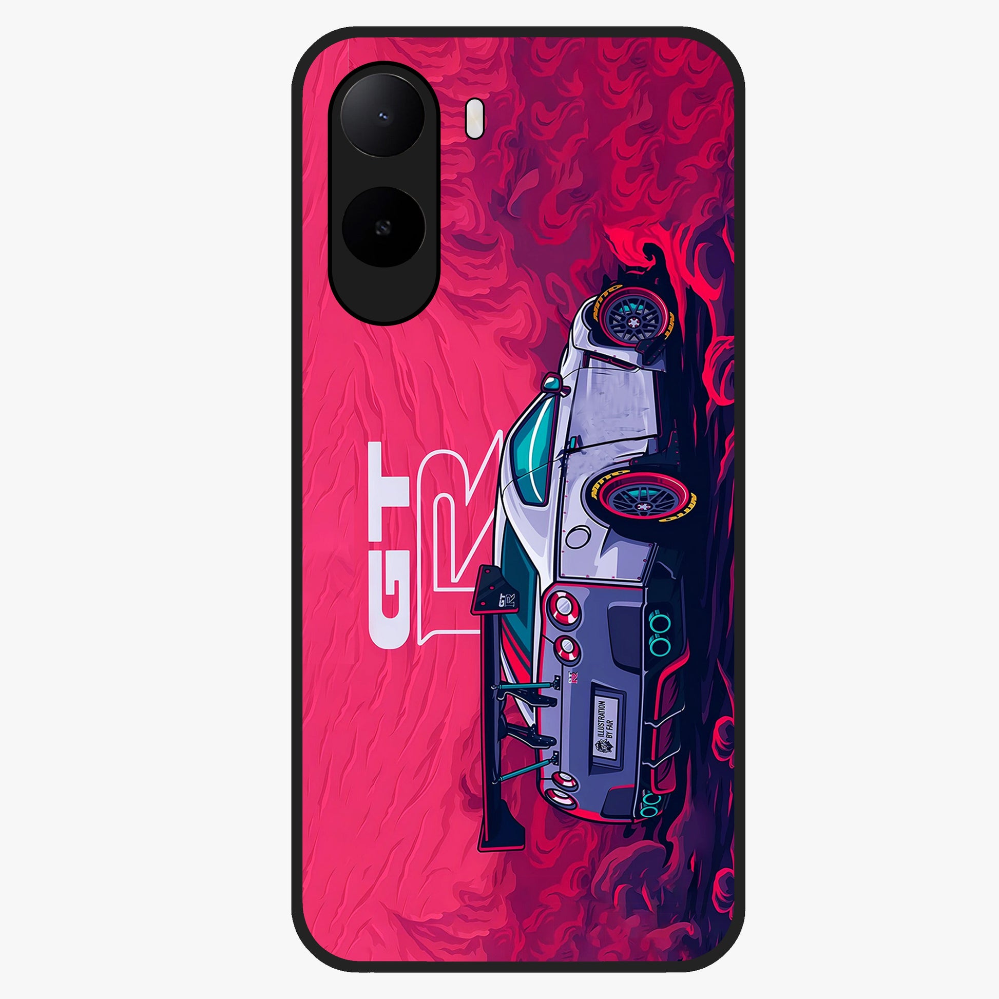GT-R Car Pattern Glass Case showing flat back view with sporty car inspired pattern artwork and glossy glass finish.