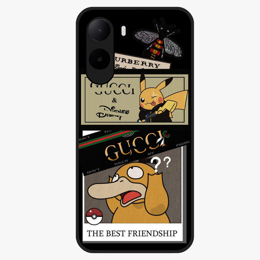 Gucci Play Mashup Glass Case showing flat back view with luxury inspired graphic artwork and glossy glass finish.