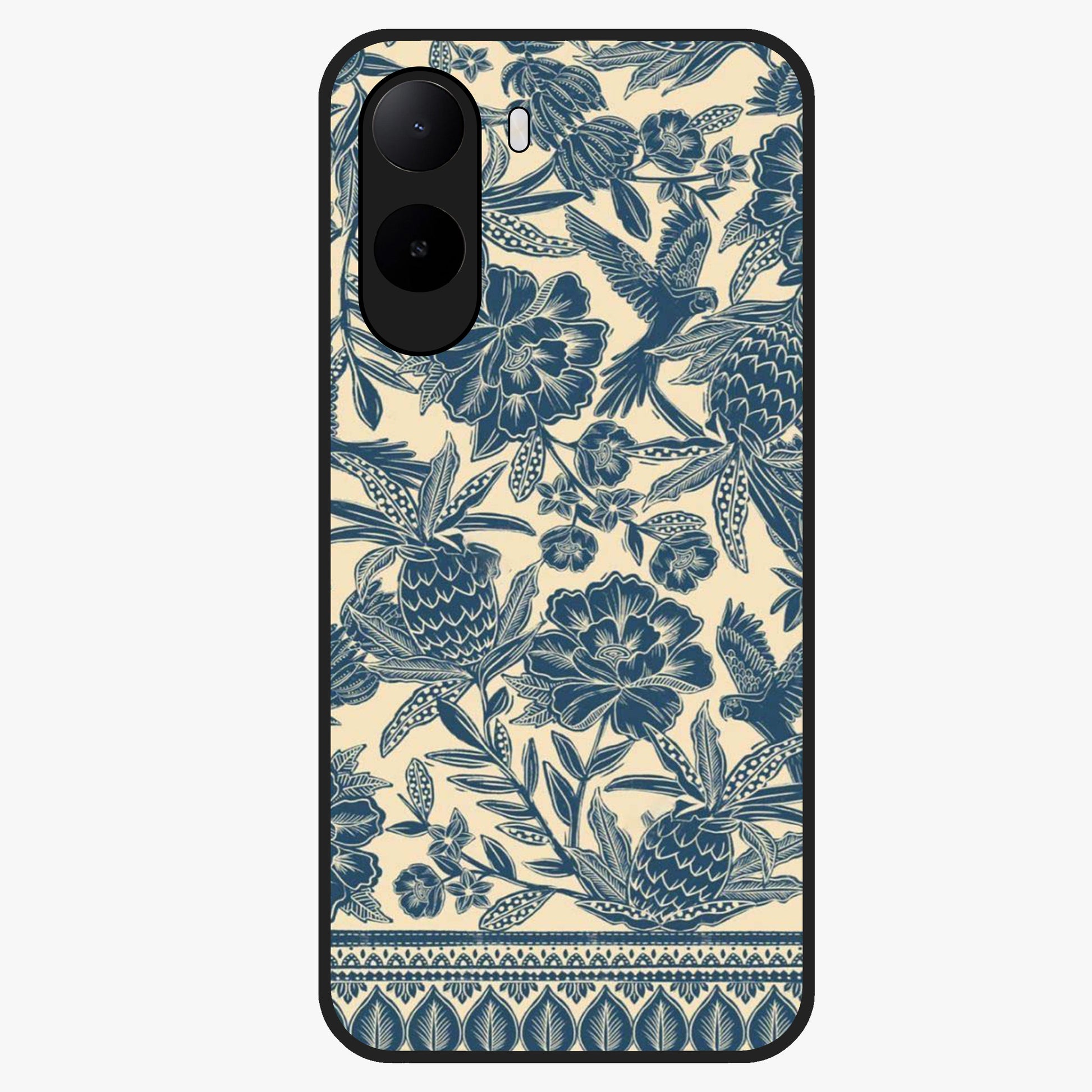 Heirloom Wild Bloom Glass Case showing flat back view with vintage inspired wild flower artwork and glossy glass finish.