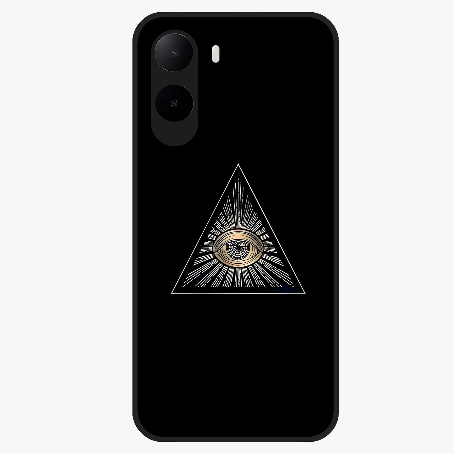 Illuminati Evil Glass Case showing flat back view with mysterious illuminati symbol artwork and glossy glass finish.