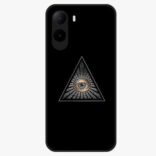 Illuminati Evil Glass Case showing flat back view with mysterious illuminati symbol artwork and glossy glass finish.