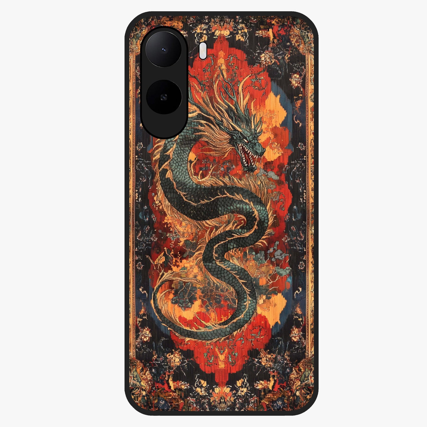 Inferno Dragon Soul Glass Case showing flat back view with fiery dragon artwork and glossy glass finish.