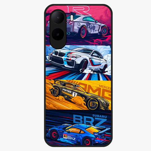 JDM Sports Car Glass Case showing flat back view with high performance sports car artwork and glossy glass finish.