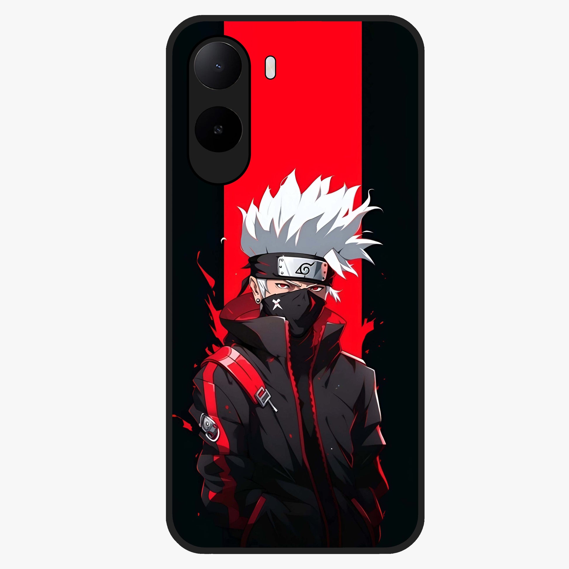 Kakashi Scarlet Shadow Glass Case showing flat back view with powerful anime ninja artwork and glossy glass finish.