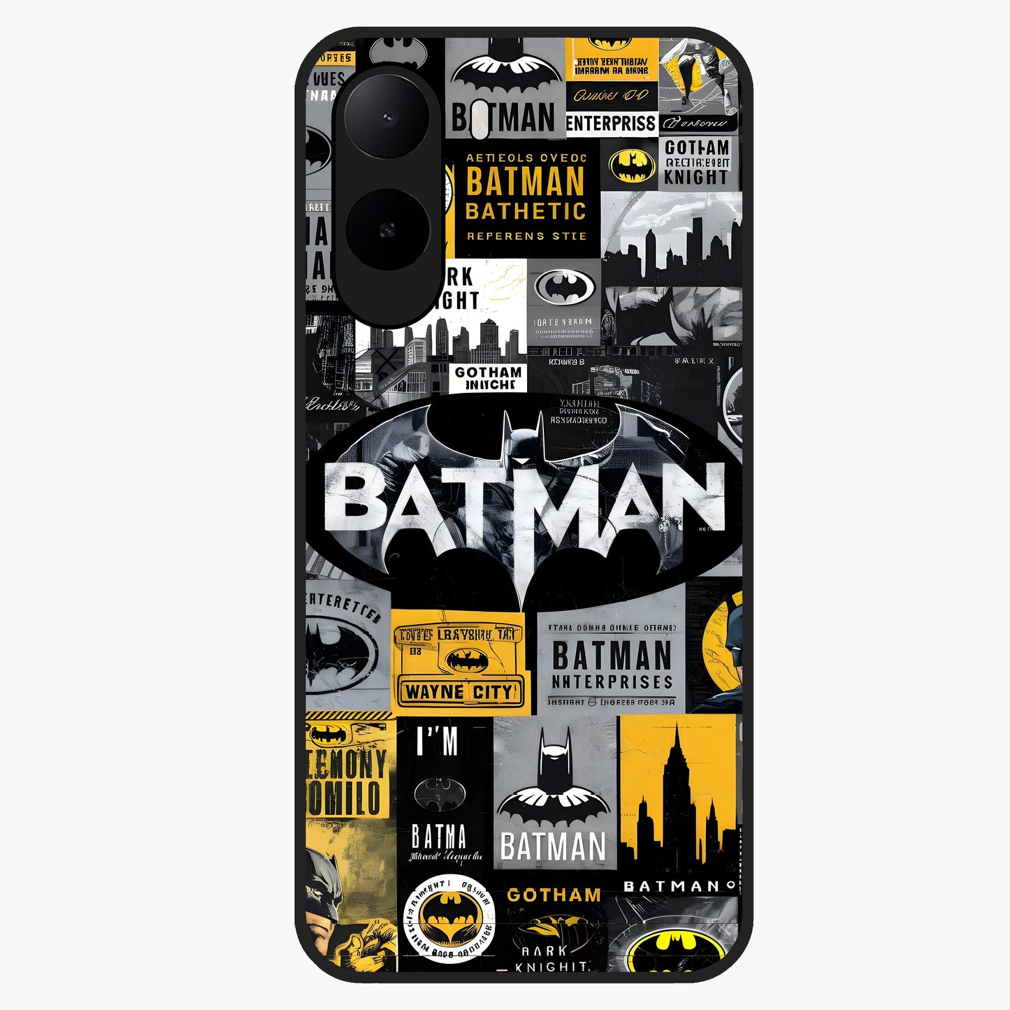 Knight Gotham Rise Glass Case showing flat back view with dark hero inspired artwork and glossy glass finish.