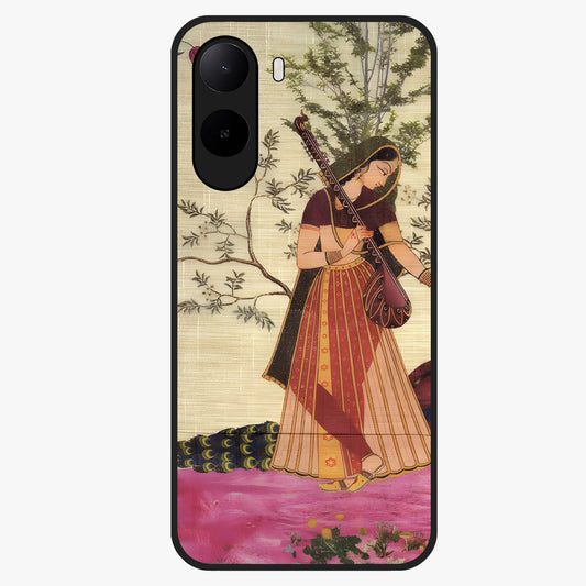 Lady With Veena Art Glass Case showing flat back view with elegant woman playing veena artwork and glossy glass finish.