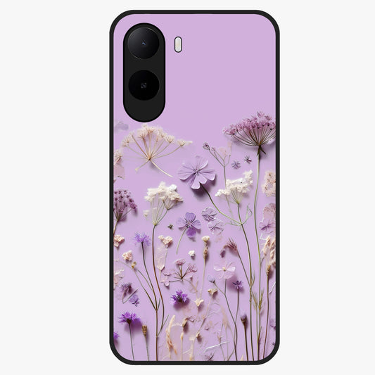 Lavender Blossom Dream Glass Case showing flat back view with soft lavender floral artwork and glossy glass finish.