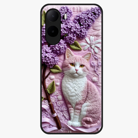 Lavender Cat Whimsy Glass Case showing flat back view with cute lavender cat artwork and glossy glass finish.