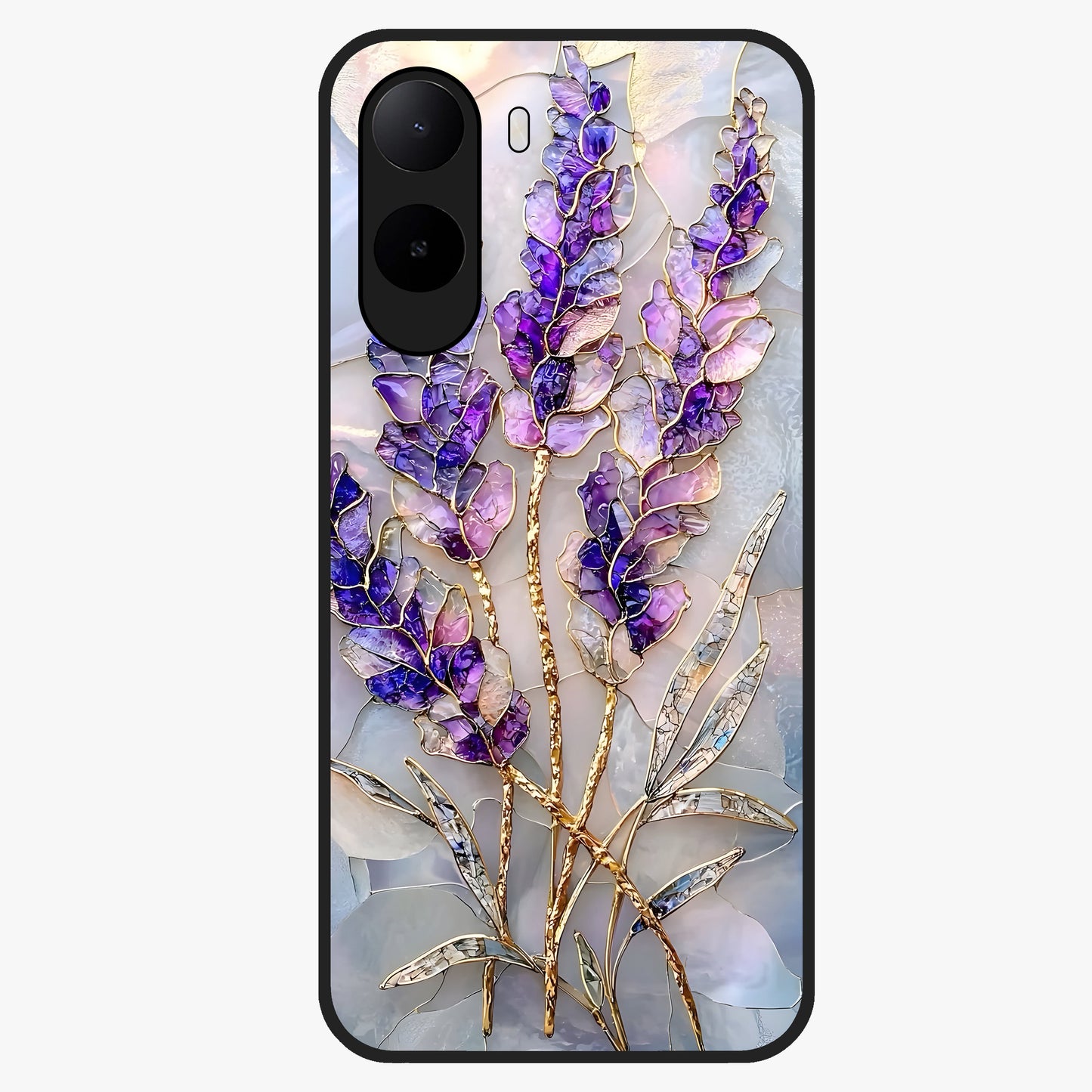 Lavender Dream Glow Glass Case showing flat back view with glowing lavender aesthetic artwork and glossy glass finish.