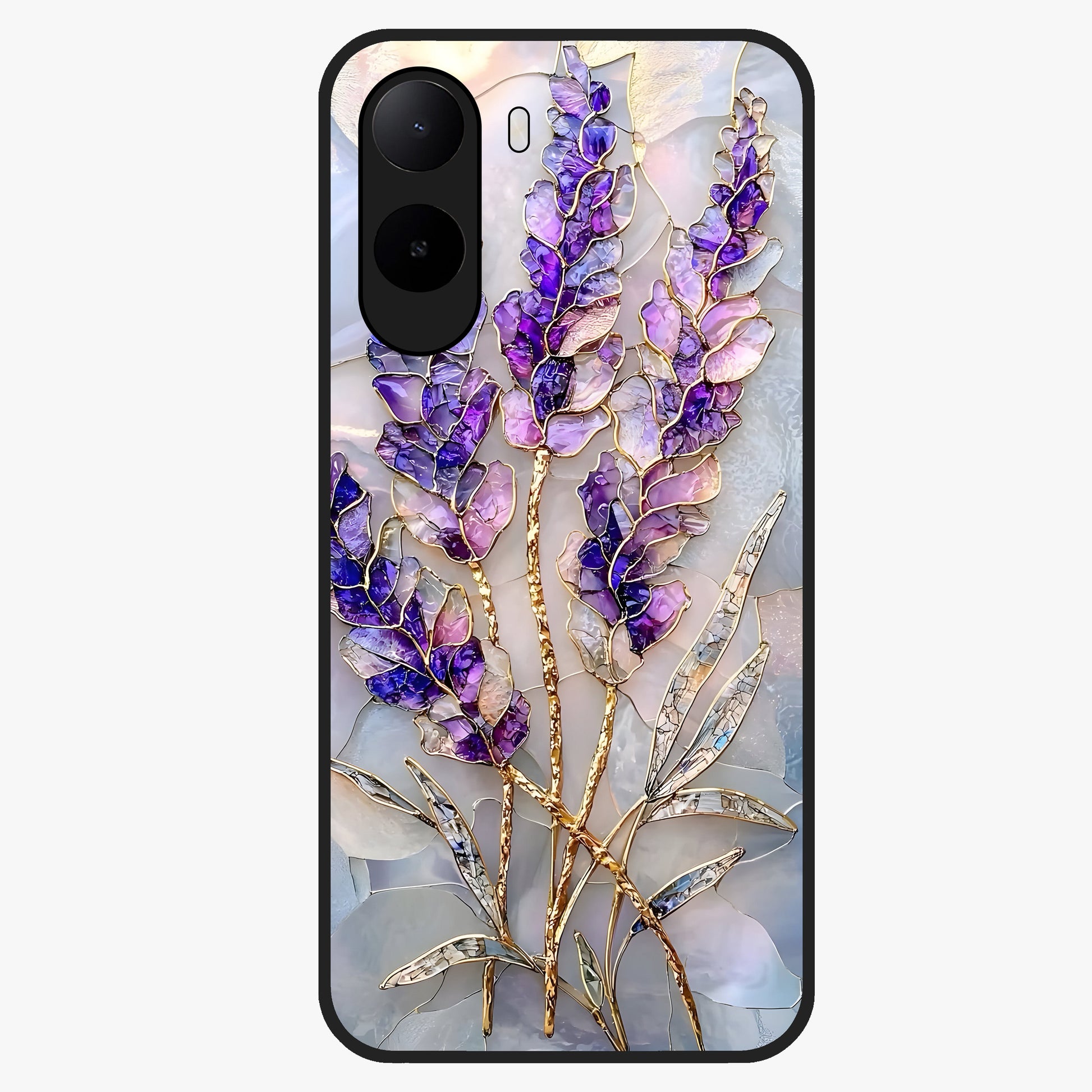 Lavender Dream Glow Glass Case showing flat back view with glowing lavender aesthetic artwork and glossy glass finish.