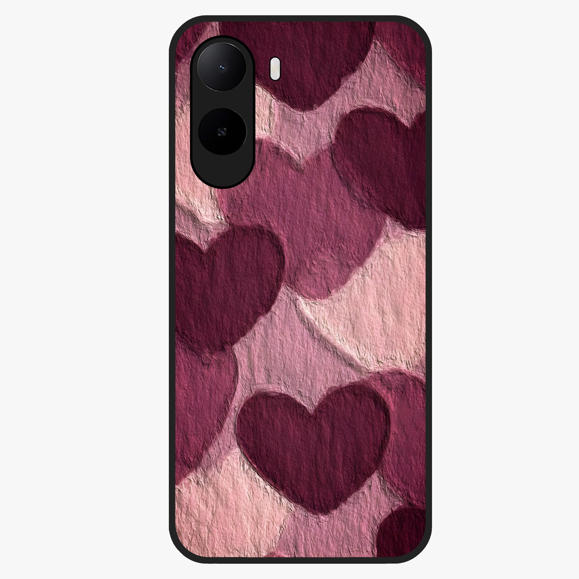 Layered Paper Hearts Glass Case showing flat back view with layered paper heart artwork and glossy glass finish.