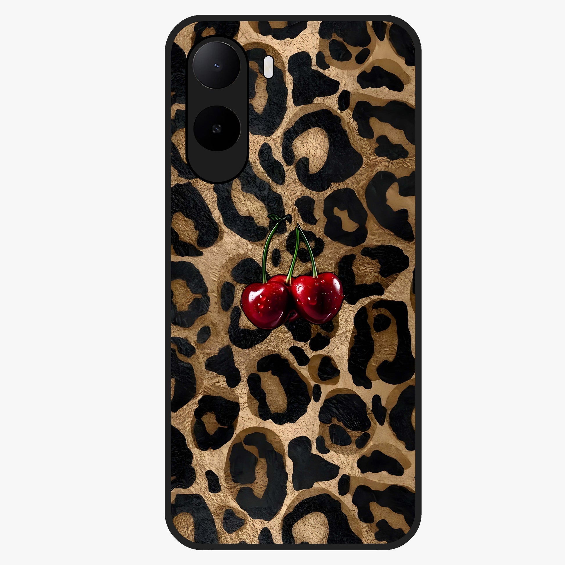 Leopard Wild Cherry Glass Case showing flat back view with leopard pattern and cherry artwork and glossy glass finish.