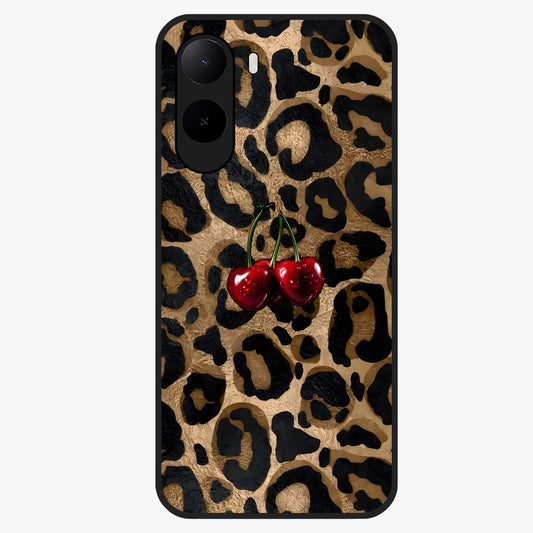 Leopard Wild Cherry Glass Case showing flat back view with leopard pattern and cherry artwork and glossy glass finish.