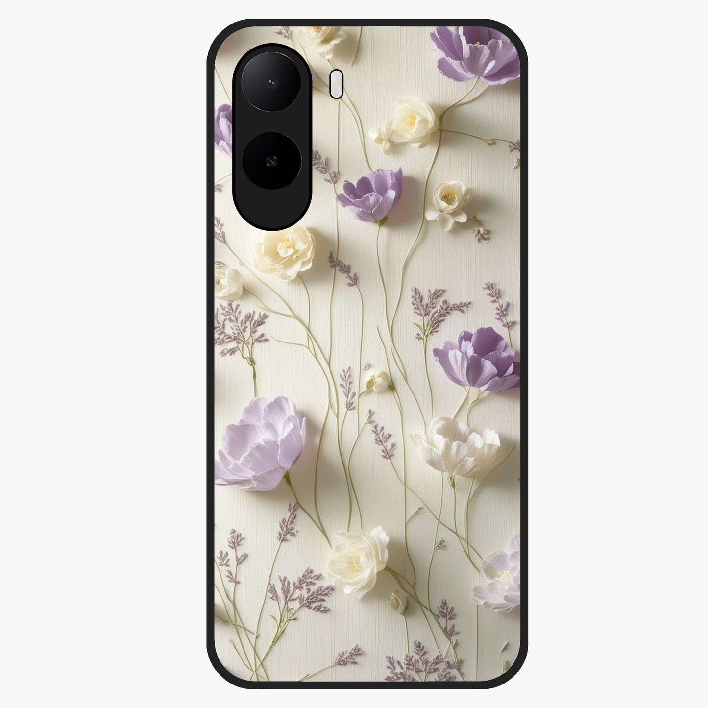 Lilac Breeze Harmony Glass Case showing flat back view with soft lilac themed artwork and glossy glass finish.