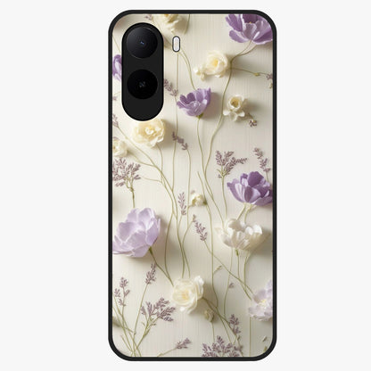 Lilac Breeze Harmony Glass Case showing flat back view with soft lilac themed artwork and glossy glass finish.