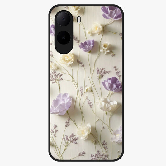 Lilac Breeze Harmony Glass Case showing flat back view with soft lilac themed artwork and glossy glass finish.