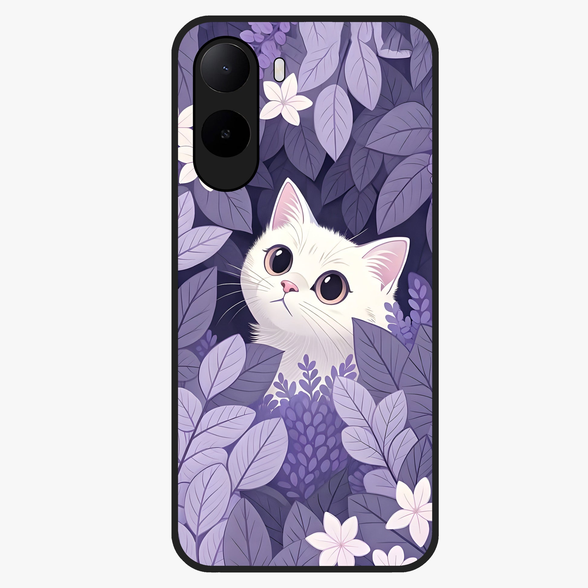 Lilac Hide Peek Cat Glass Case showing flat back view with cute peeking cat artwork and glossy glass finish.