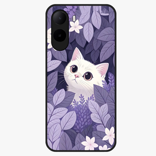 Lilac Hide Peek Cat Glass Case showing flat back view with cute peeking cat artwork and glossy glass finish.