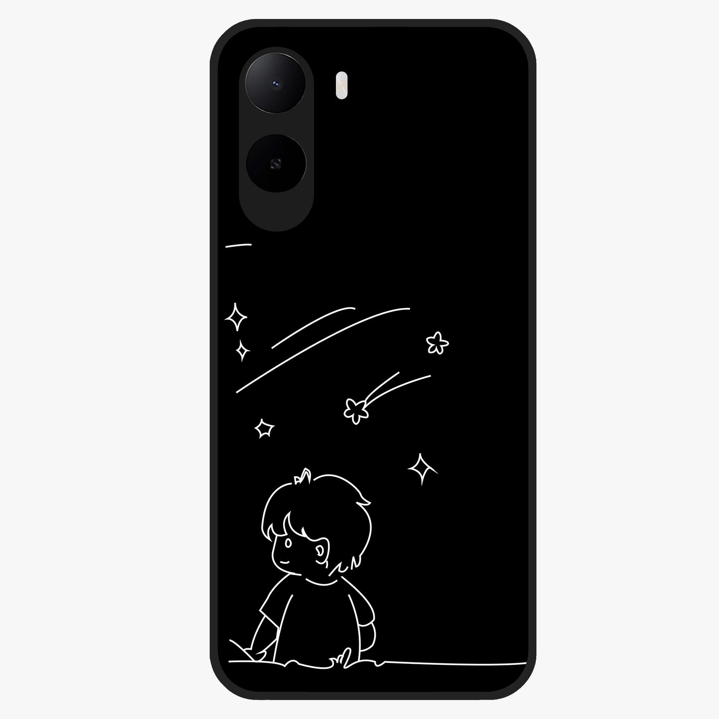 Line Art Boy With Shooting Stars Glass Case showing flat back view with minimal line art boy and shooting stars illustration and glossy glass finish.