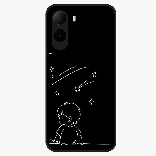 Line Art Boy With Shooting Stars Glass Case showing flat back view with minimal line art boy and shooting stars illustration and glossy glass finish.