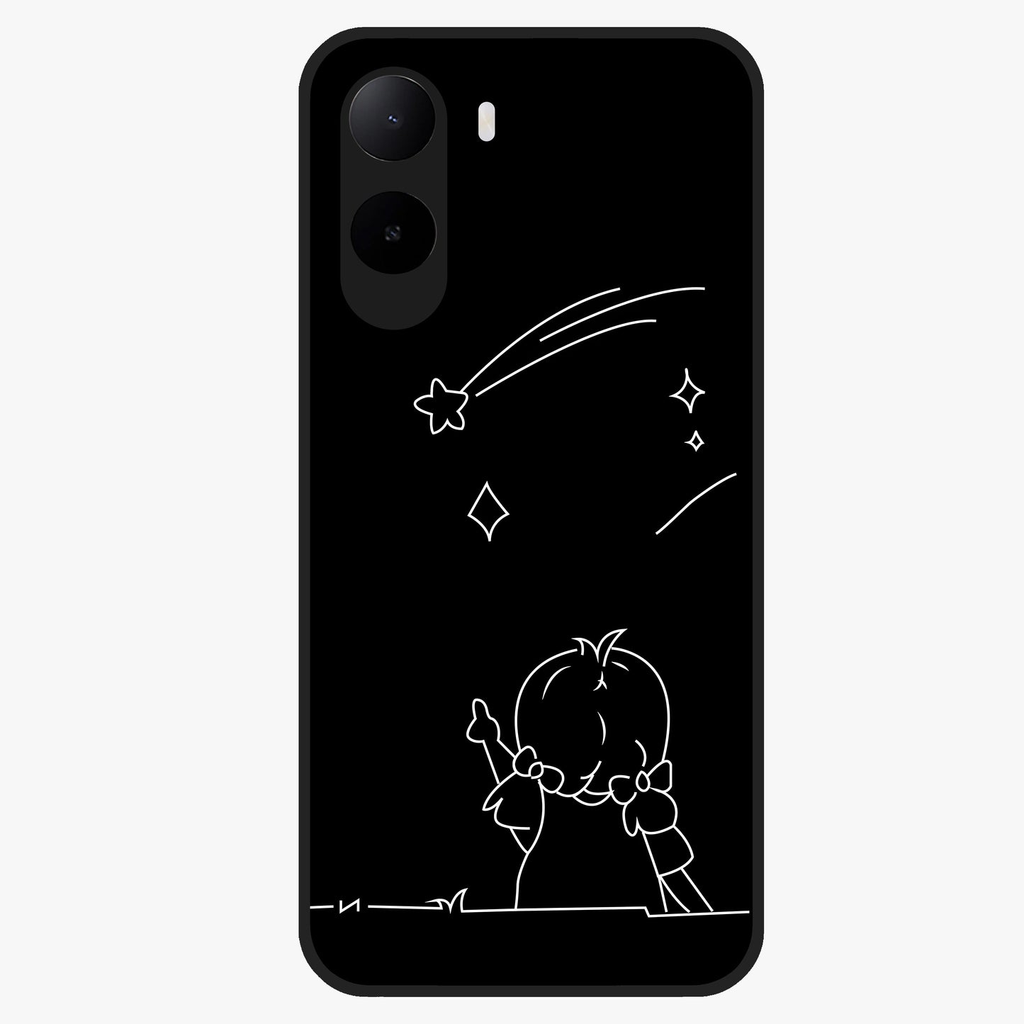 Line Art Girl With Shooting Stars Glass Case showing flat back view with minimal line art girl and shooting stars illustration and glossy glass finish.