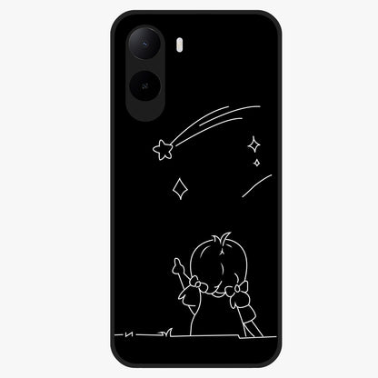 Line Art Girl With Shooting Stars Glass Case showing flat back view with minimal line art girl and shooting stars illustration and glossy glass finish.