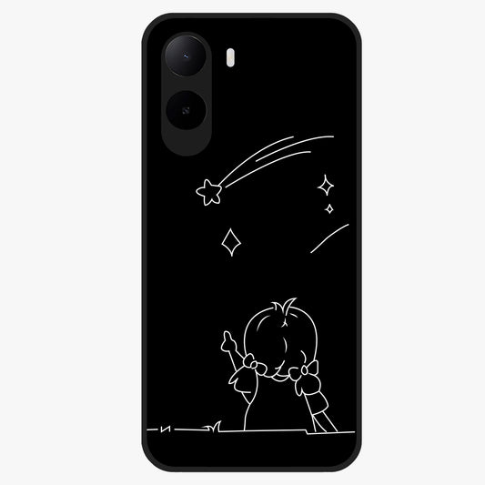 Line Art Girl With Shooting Stars Glass Case showing flat back view with minimal line art girl and shooting stars illustration and glossy glass finish.