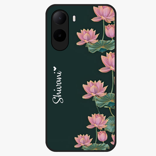Lotus Bloom Serenity Custom Name Glass Case showing flat back view with elegant lotus flower artwork and personalized name design.