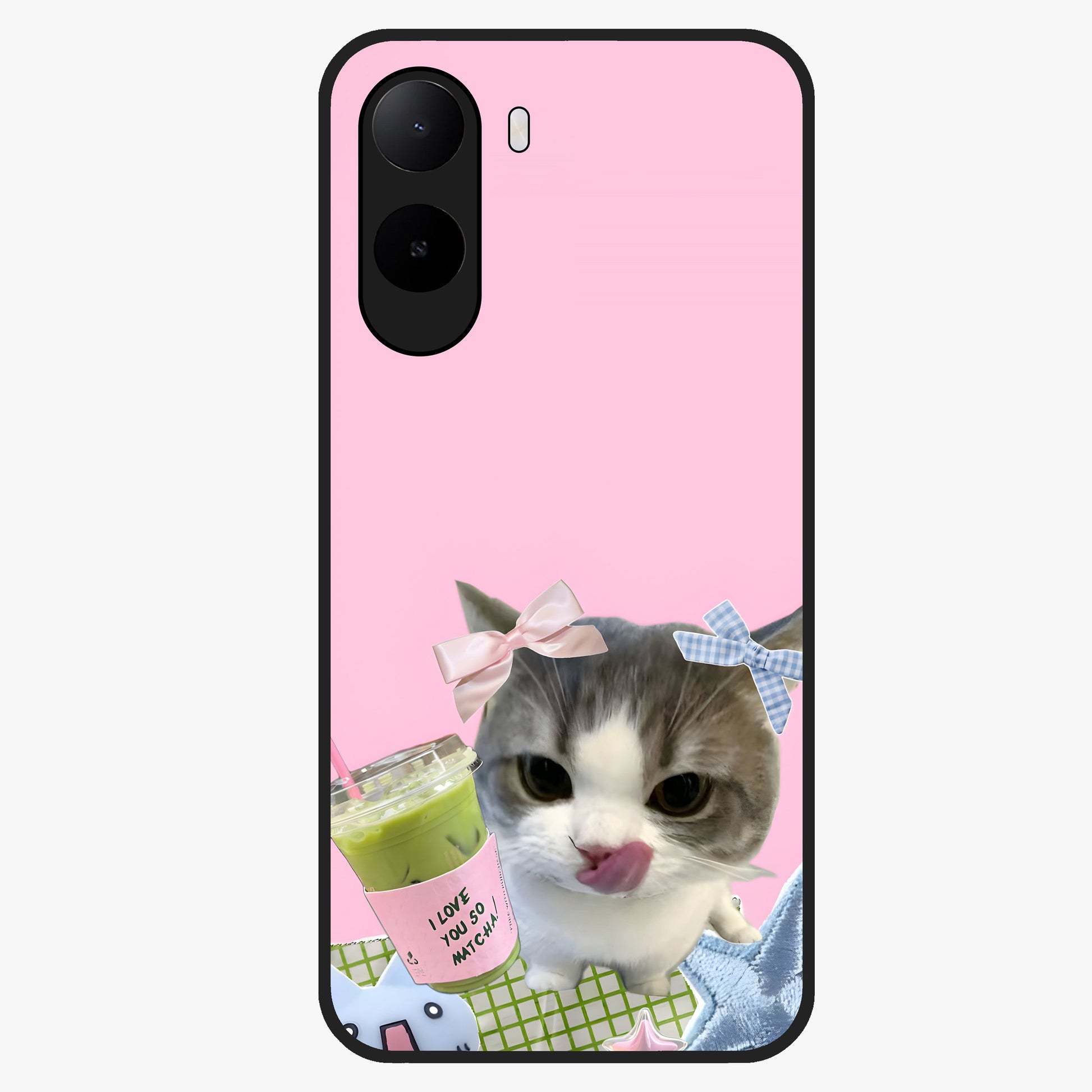 Love Matcha Cat Glass Case showing flat back view with cute cat and matcha themed artwork and glossy glass finish.