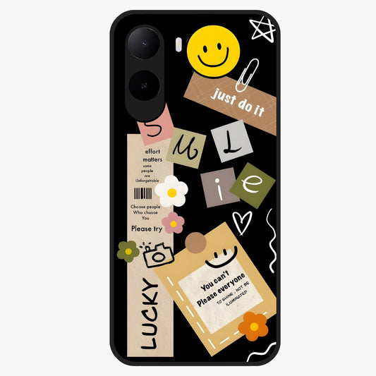 Lucky Aesthetic Collage Glass Case showing flat back view with trendy aesthetic collage artwork and glossy glass finish.