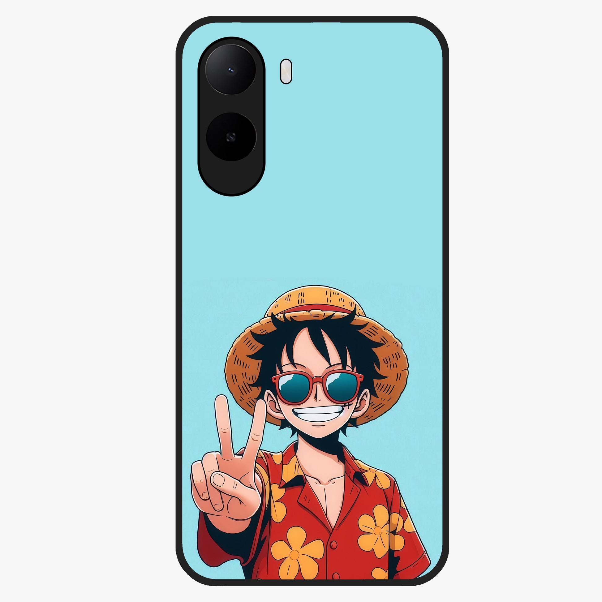 Luffy Summer Anime Vibe Glass Case showing flat back view with vibrant anime character artwork and glossy glass finish.