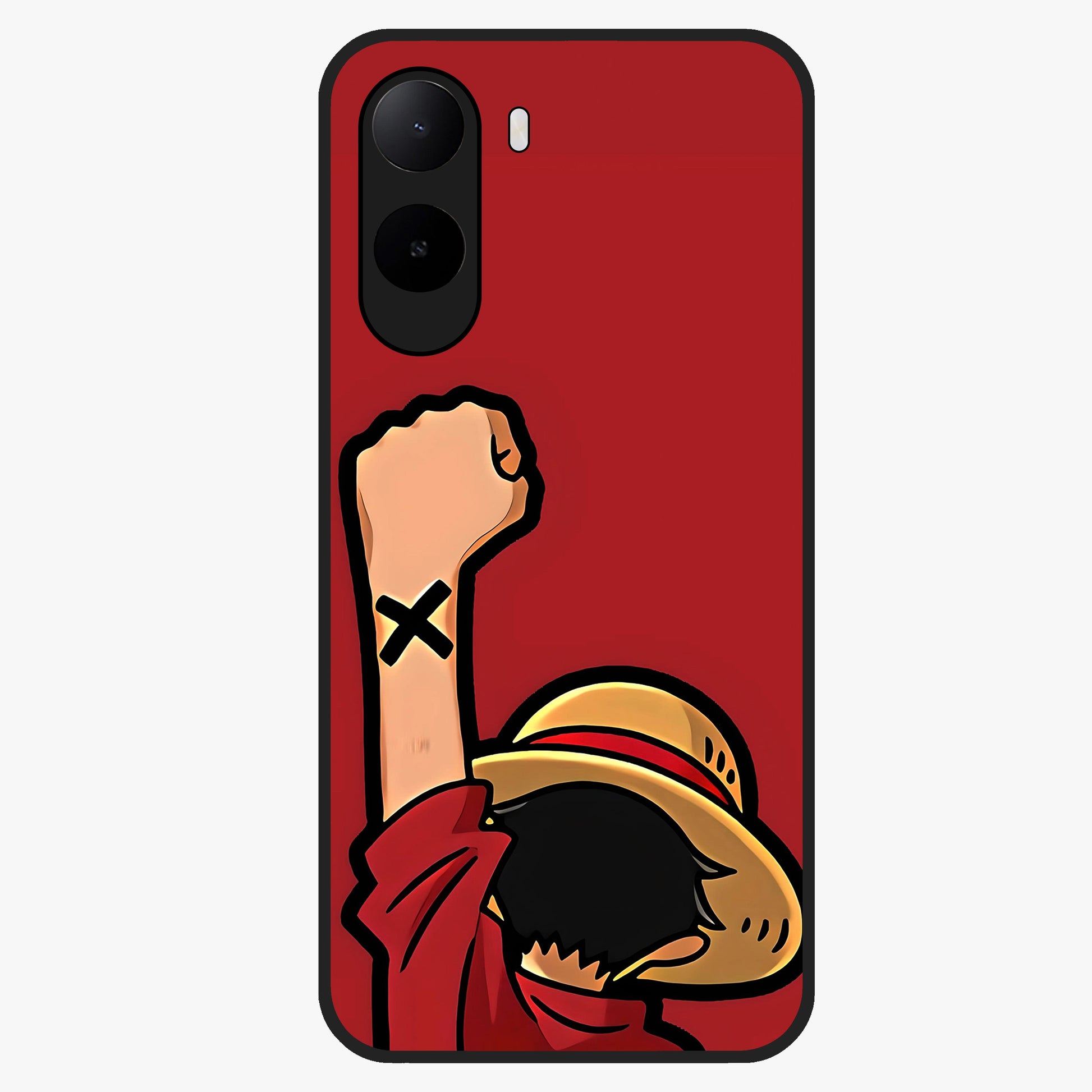 Luffy X Spirit Glass Case showing flat back view with bold anime character artwork and glossy glass finish.