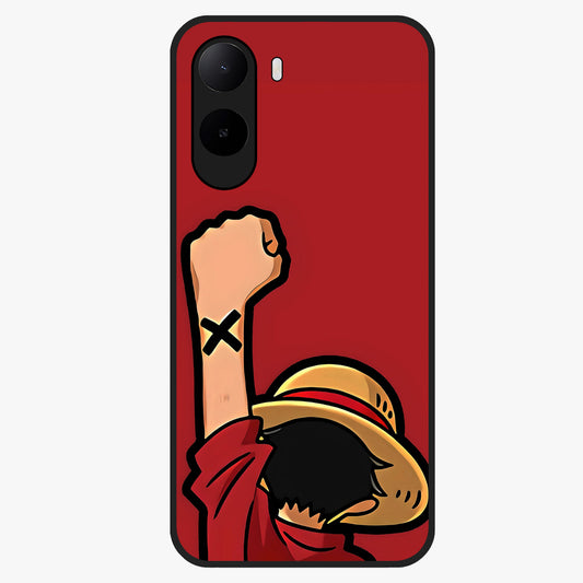 Luffy X Spirit Glass Case showing flat back view with bold anime character artwork and glossy glass finish.
