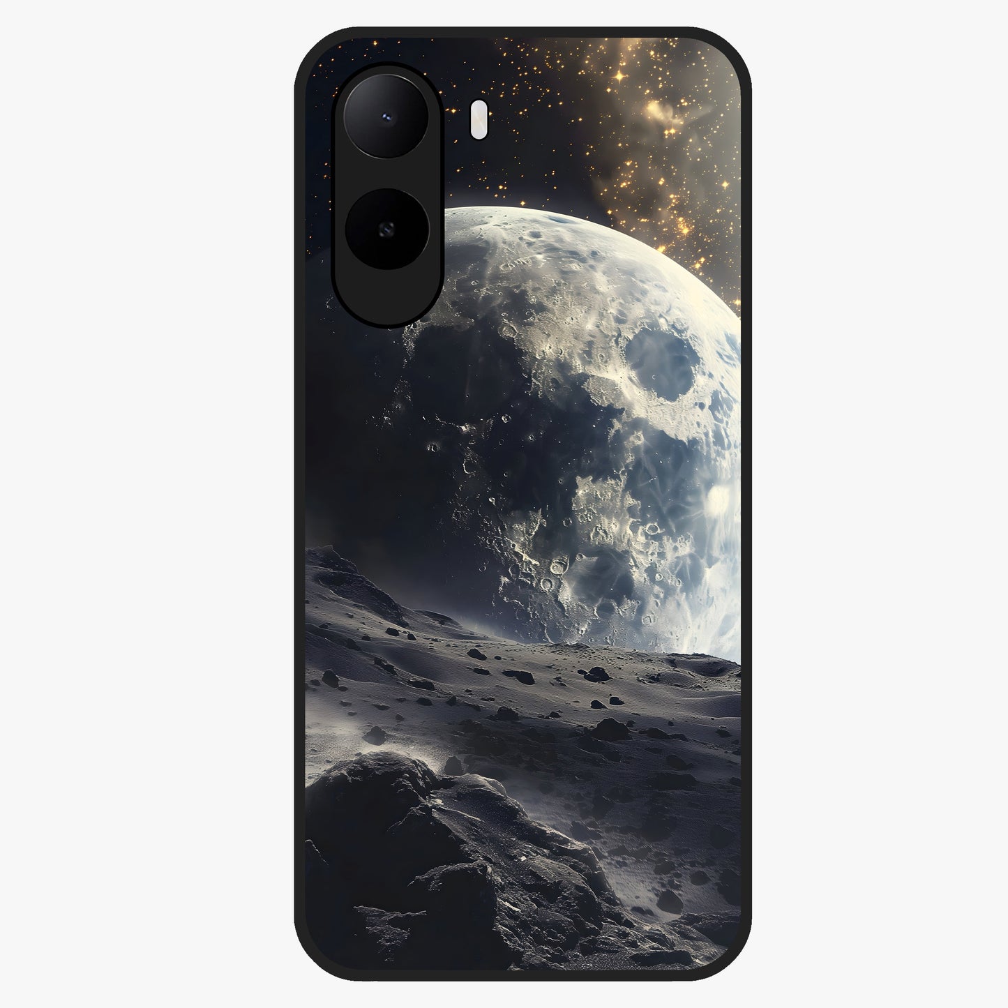 Lunar Horizon Glow Glass Case showing flat back view with glowing moon horizon artwork and glossy glass finish.
