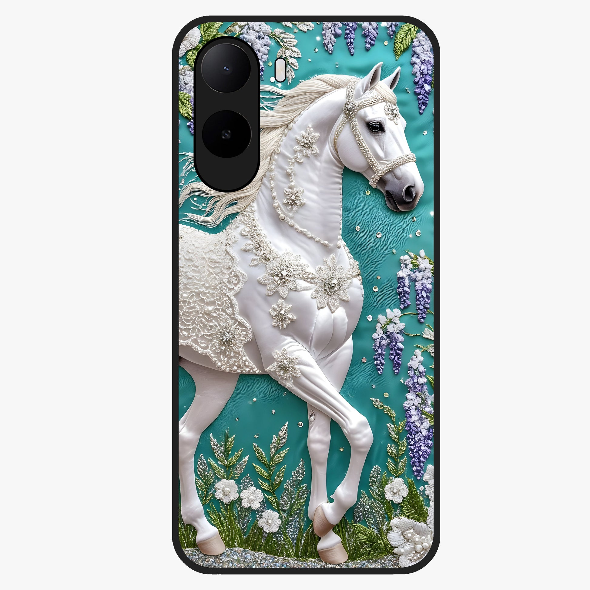 Majestic Floral Stallion Glass Case showing flat back view with powerful horse and floral artwork and glossy glass finish.