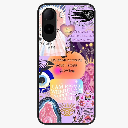Manifestation Collage Glass Case showing flat back view with motivational collage artwork and glossy glass finish.