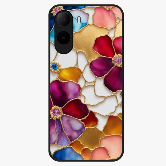 Marble Flower Pattern Glass Case showing flat back view with marble texture floral artwork and glossy glass finish.