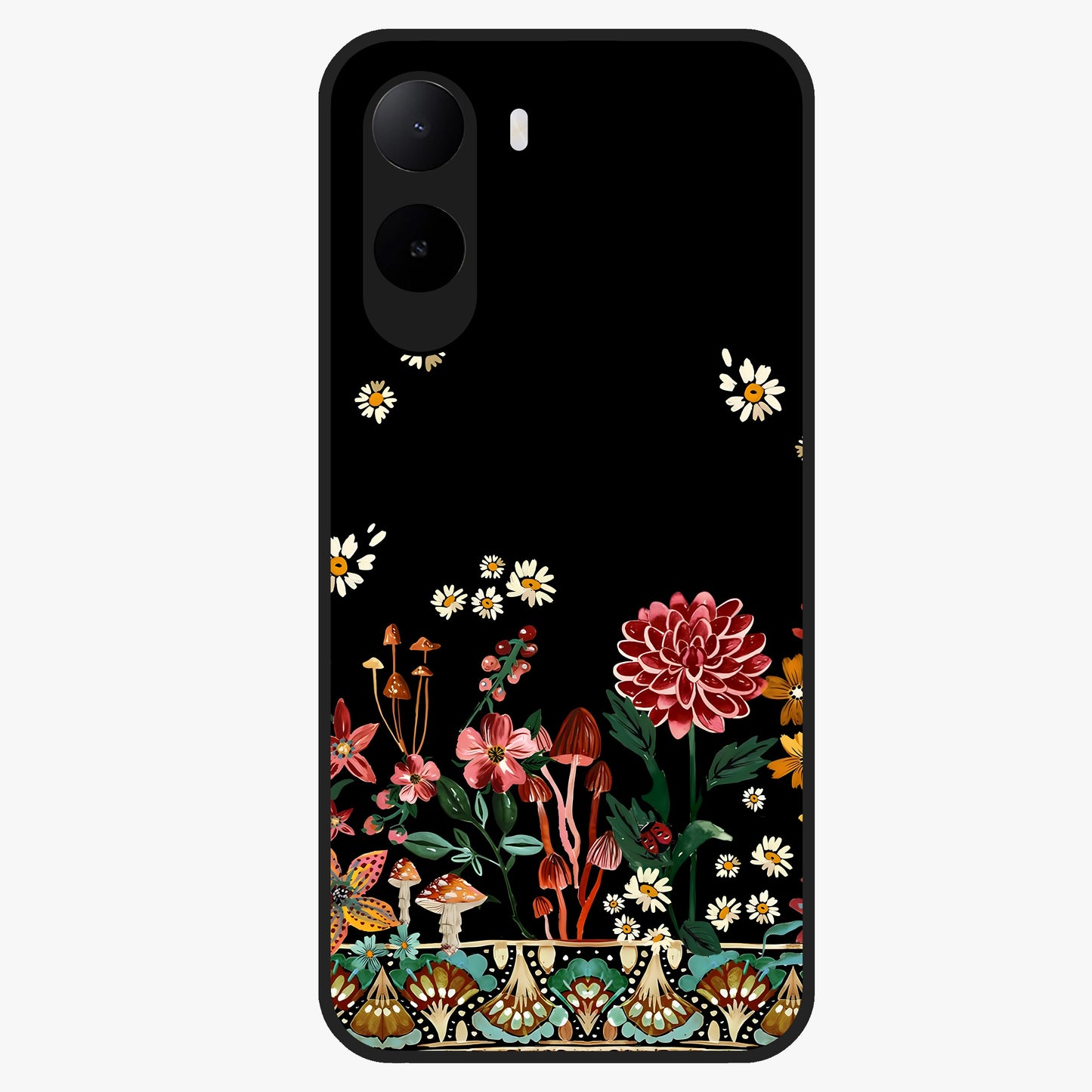 Midnight Bloom Pattern Glass Case showing flat back view with dark floral pattern artwork and glossy glass finish.