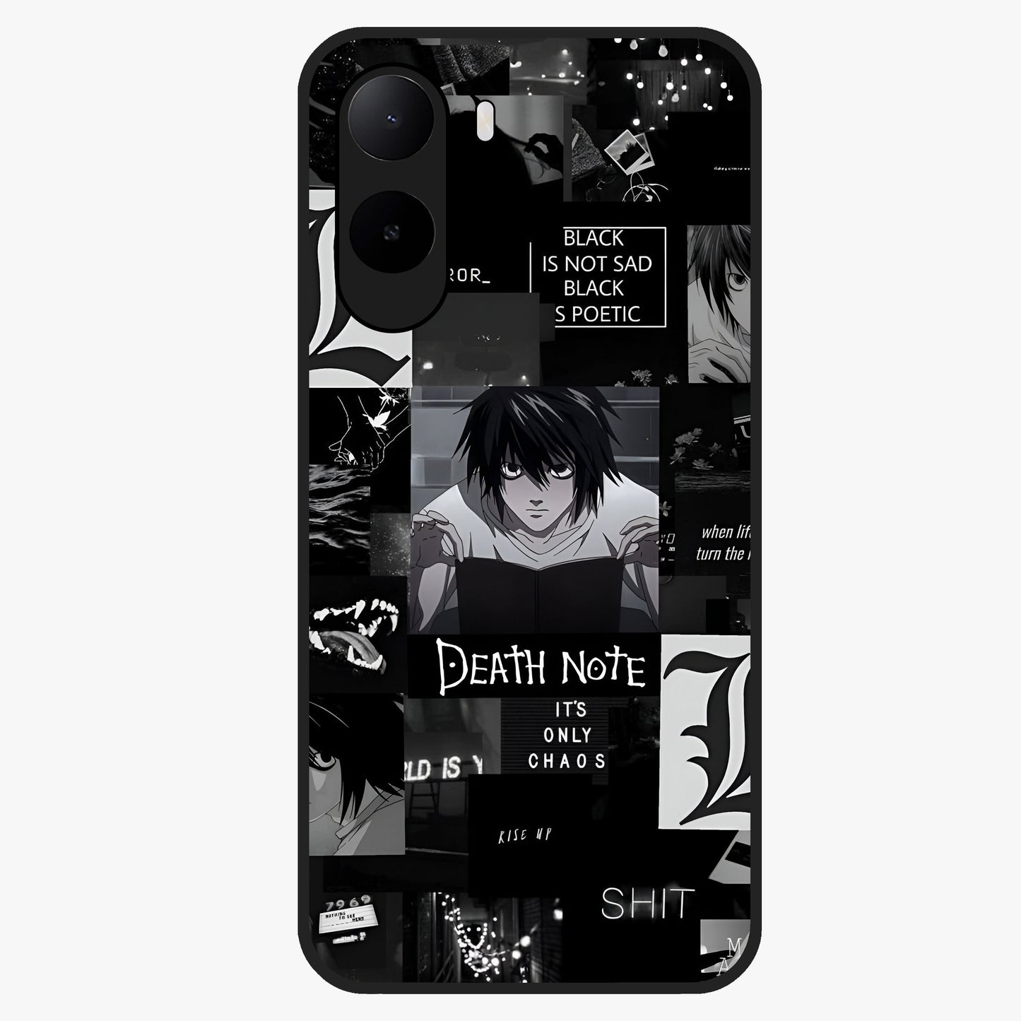 Midnight Chaos Mind Glass Case showing flat back view with abstract dark themed artwork and glossy glass finish.