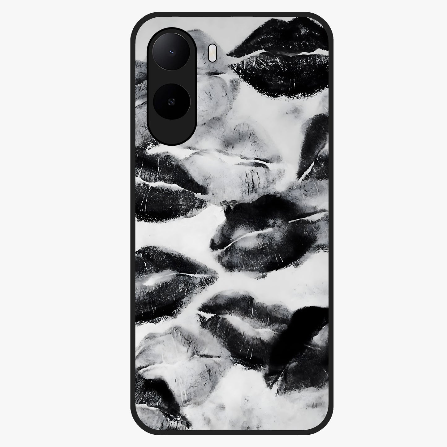 Midnight Kiss Marks Glass Case showing flat back view with lipstick kiss mark artwork and glossy glass finish.