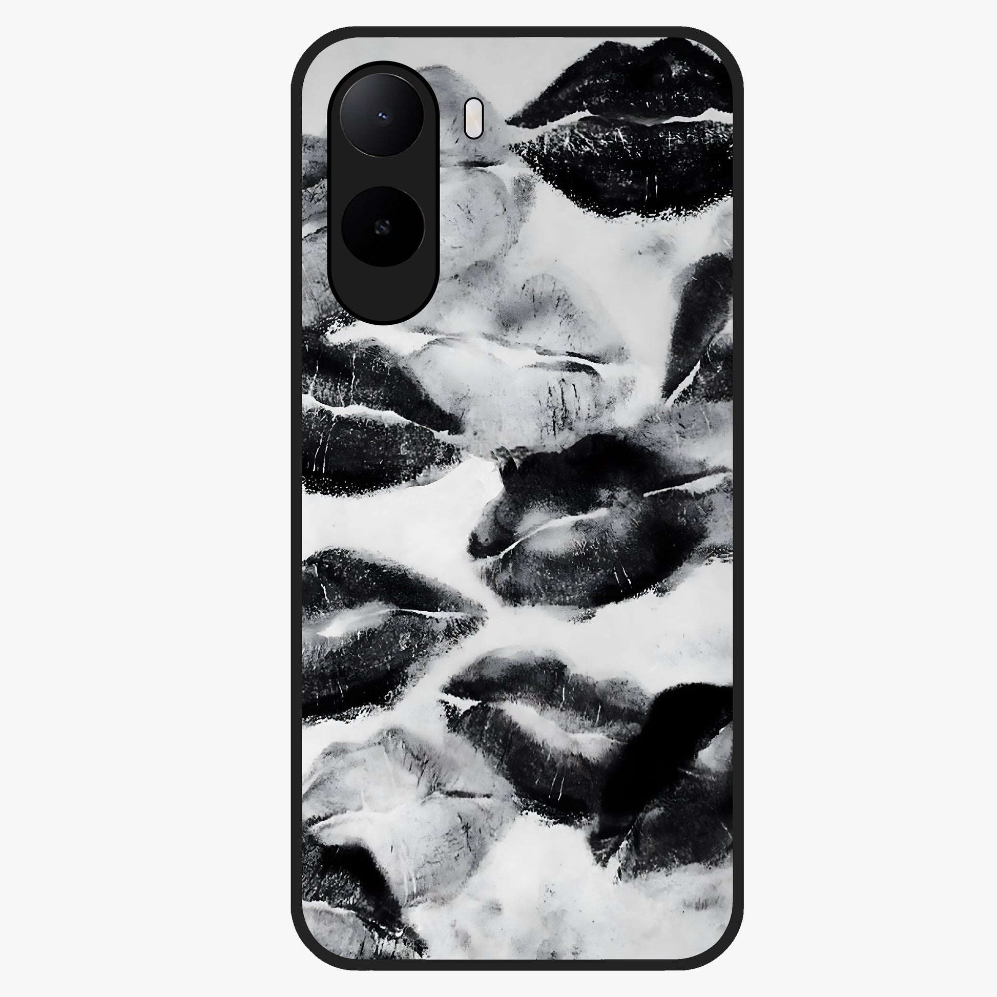 Midnight Kiss Marks Glass Case showing flat back view with lipstick kiss mark artwork and glossy glass finish.