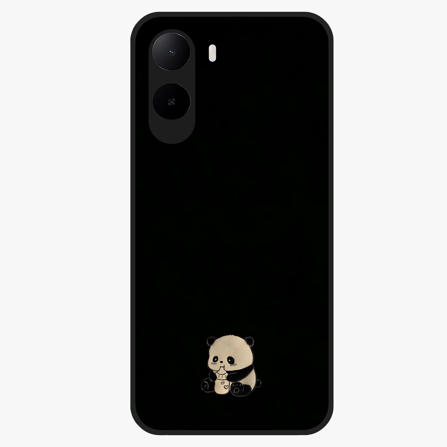 Midnight Panda Love Glass Case showing flat back view with cute panda themed artwork and glossy glass finish.