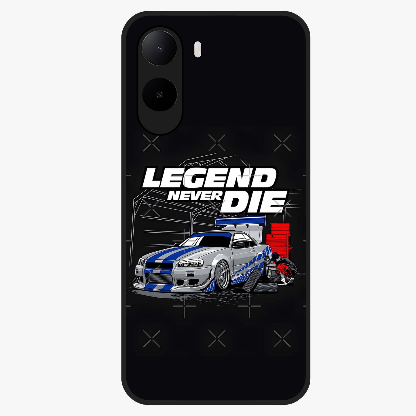 Midnight Racing Legacy Glass Case showing flat back view with sleek racing inspired artwork and glossy glass finish.