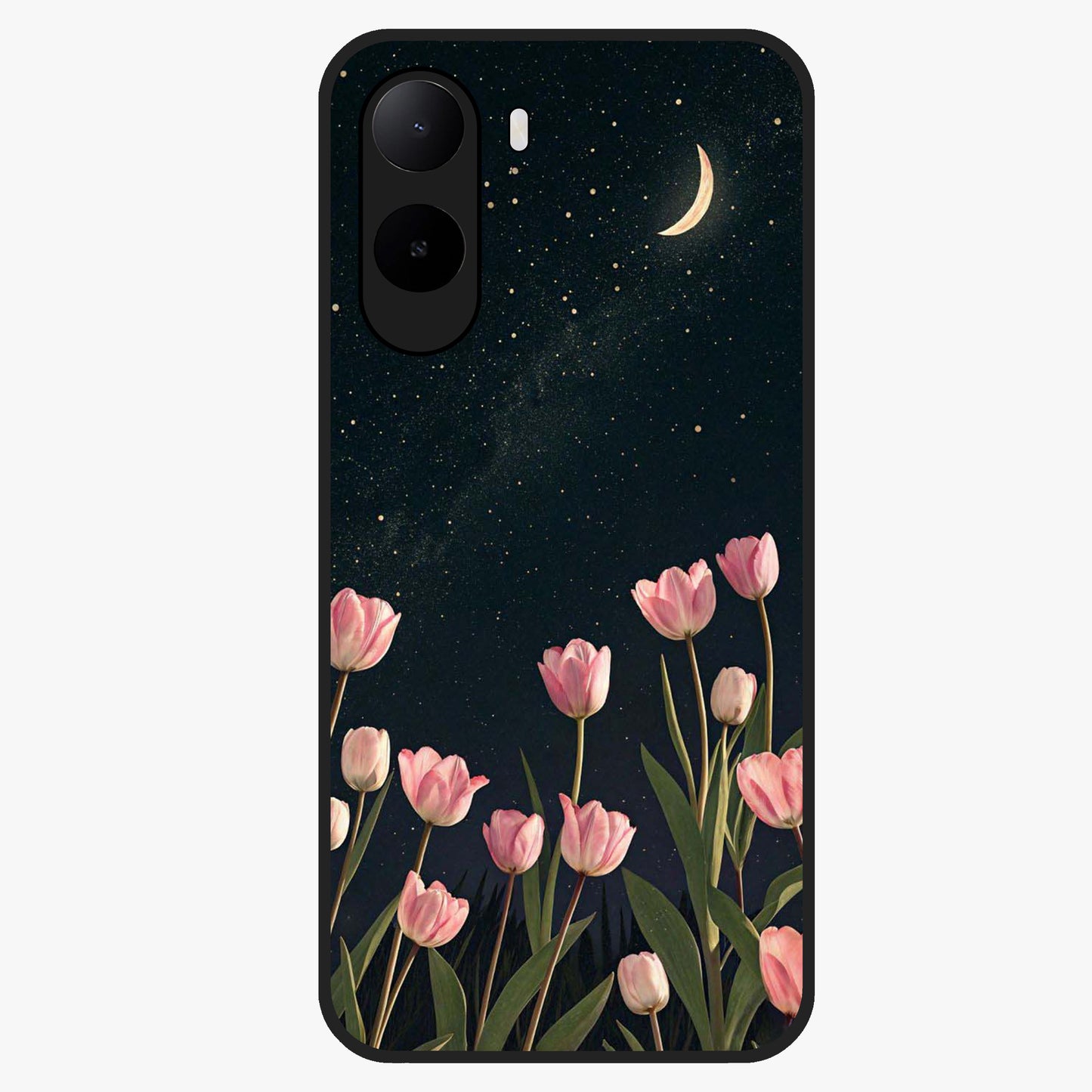 Midnight Tulip Whispers Vibe Glass Case showing flat back view with elegant tulip flower artwork and glossy glass finish.