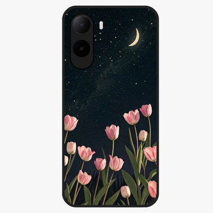 Midnight Tulip Whispers Vibe Glass Case showing flat back view with elegant tulip flower artwork and glossy glass finish.