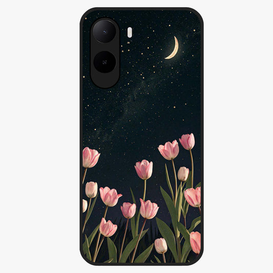 Midnight Tulip Whispers Vibe Glass Case showing flat back view with elegant tulip flower artwork and glossy glass finish.