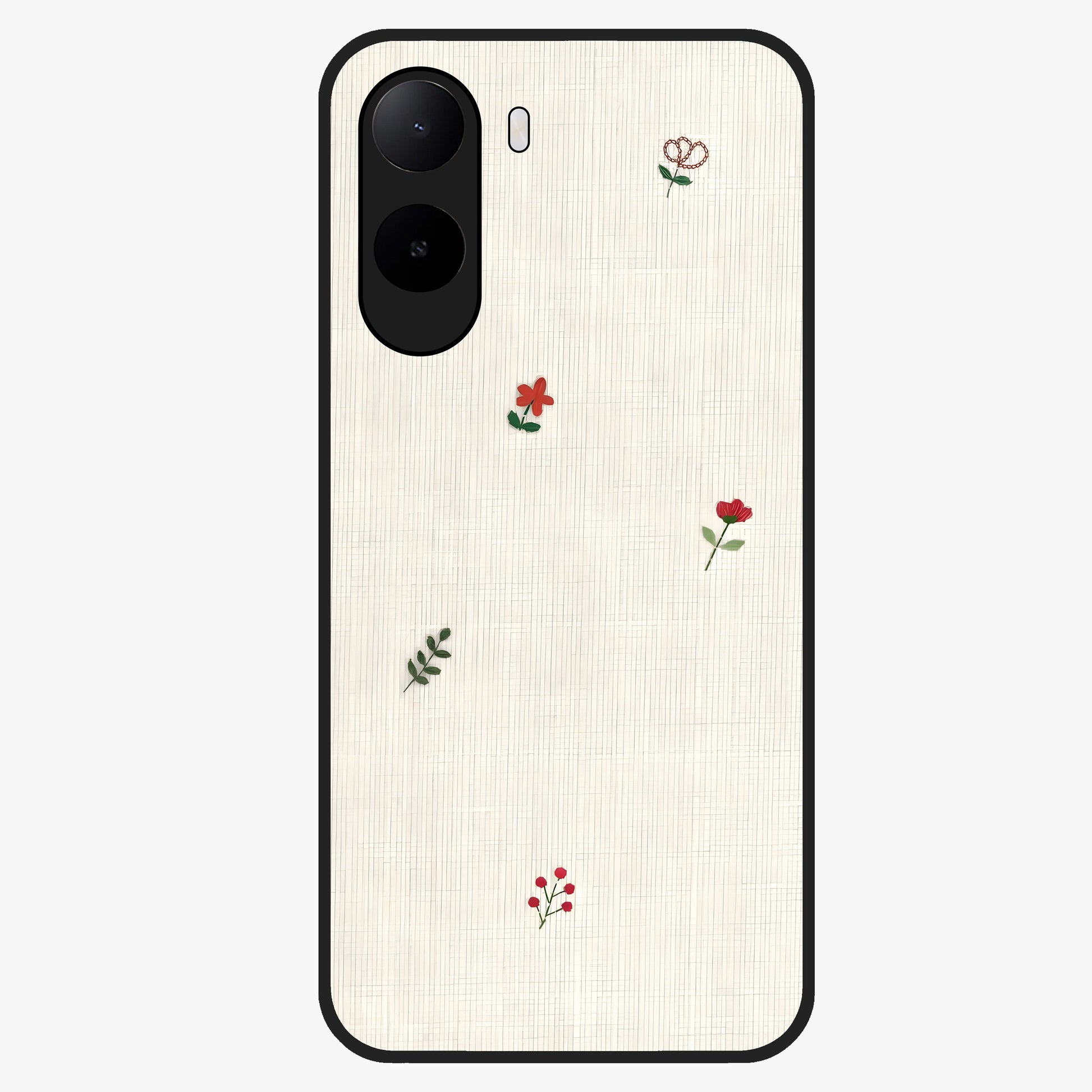Minimal Petal Whispers Glass Case showing flat back view with soft minimal floral artwork and glossy glass finish.