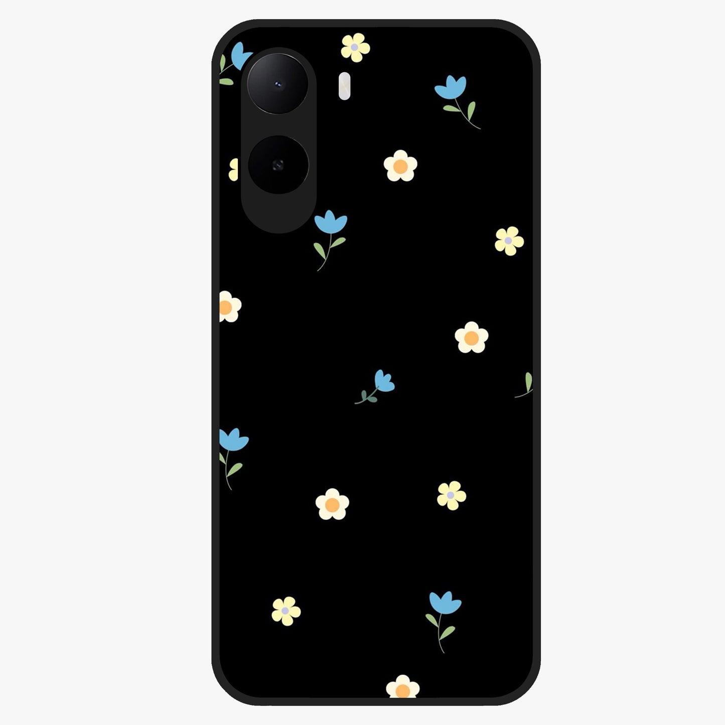 Minimalistic Blue With White Flower Pattern Glass Case showing flat back view with blue background and white flower pattern and glossy glass finish.